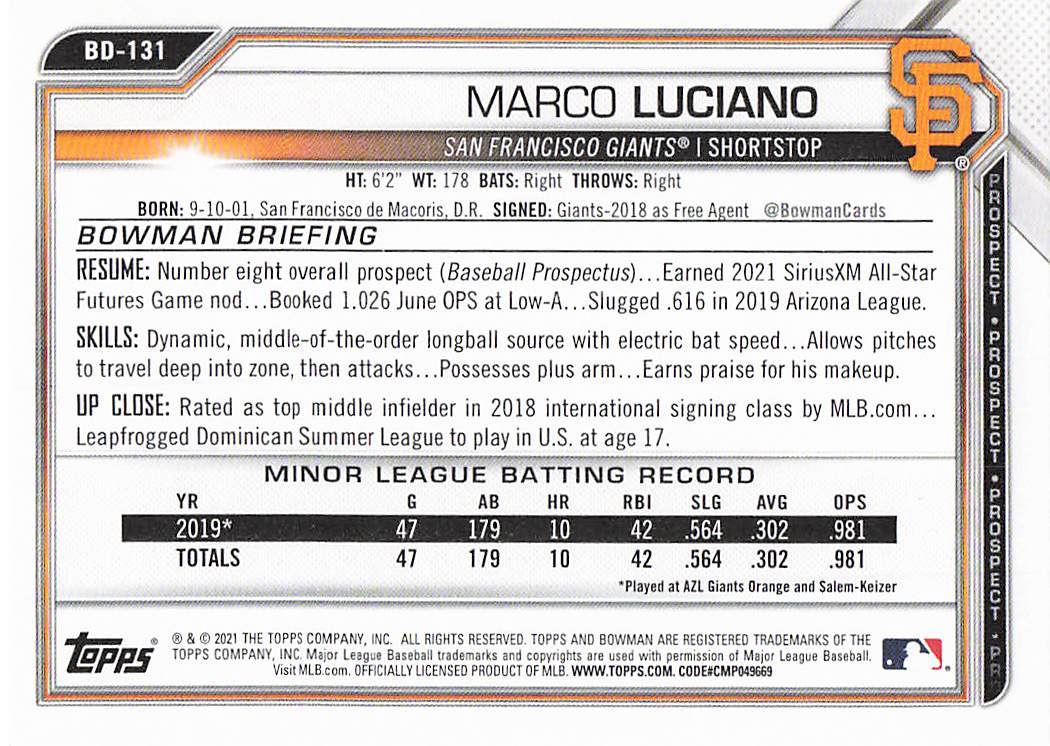 2021 Bowman Draft Baseball Marco Luciano #BD-131