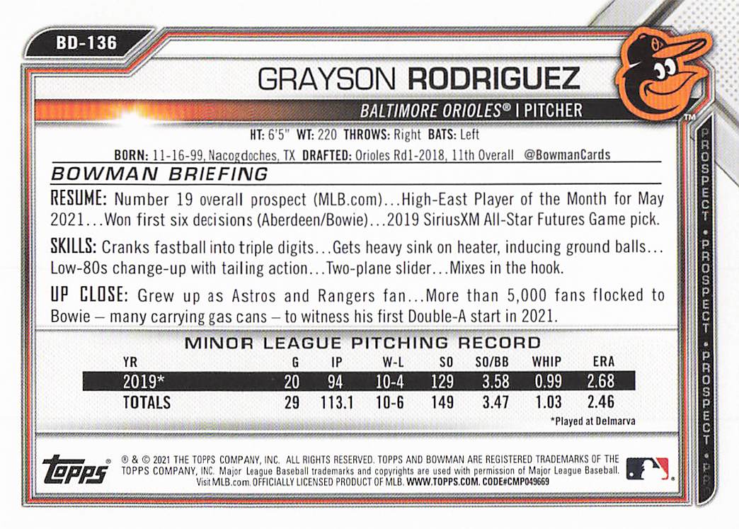 2021 Bowman Draft Baseball Grayson Rodriguez #BD-136