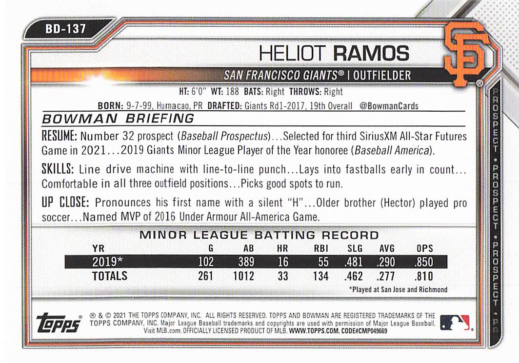 2021 Bowman Draft Baseball Heliot Ramos #BD-137