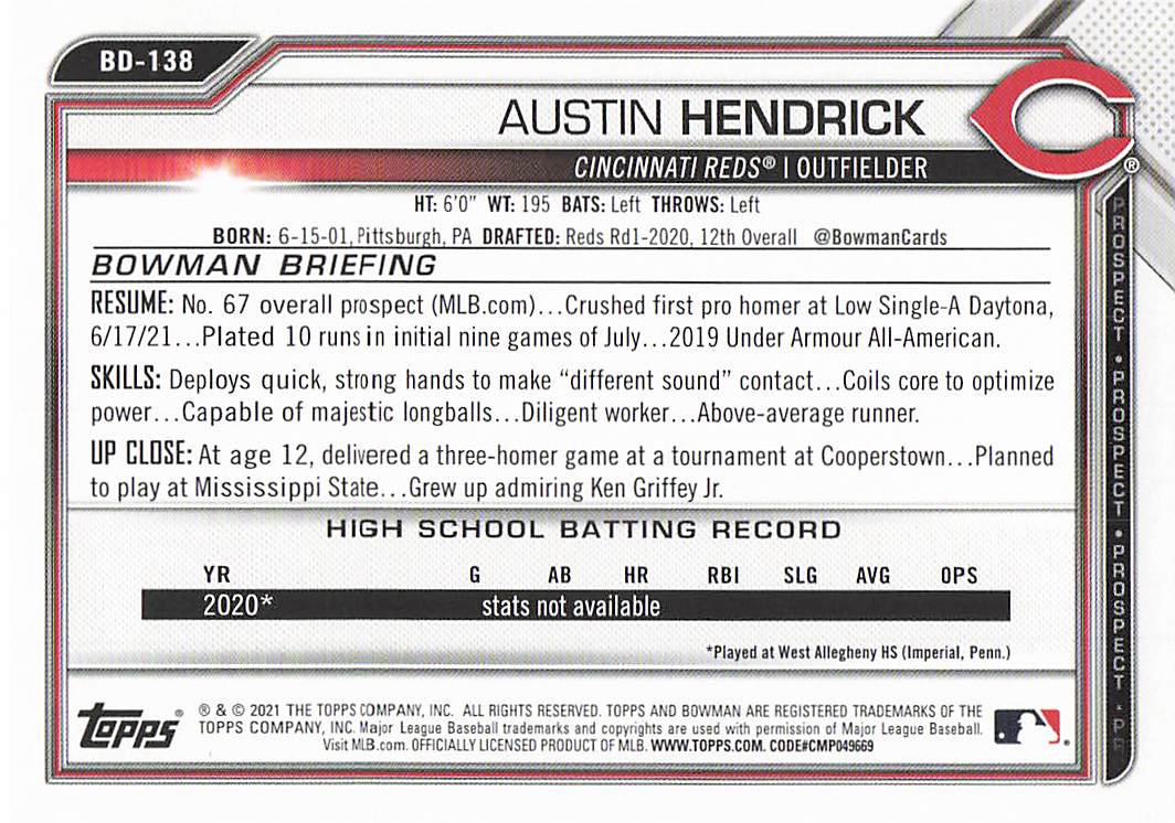 2021 Bowman Draft Baseball Austin Hendrick #BD-138