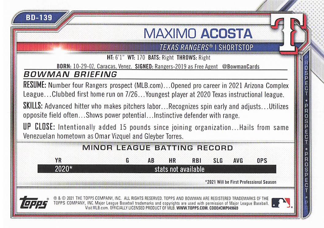 2021 Bowman Draft Baseball Maximo Acosta #BD-139