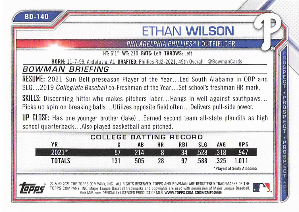 2021 Bowman Draft Baseball Ethan Wilson #BD-140