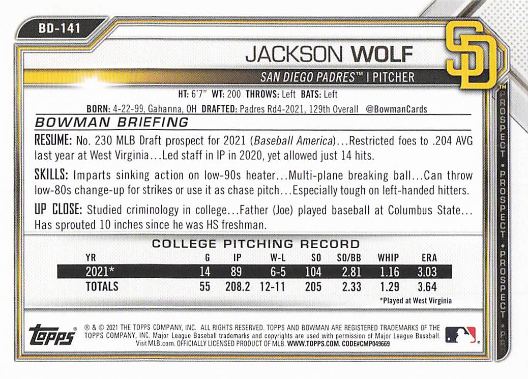 2021 Bowman Draft Baseball Jackson Wolf #BD-141