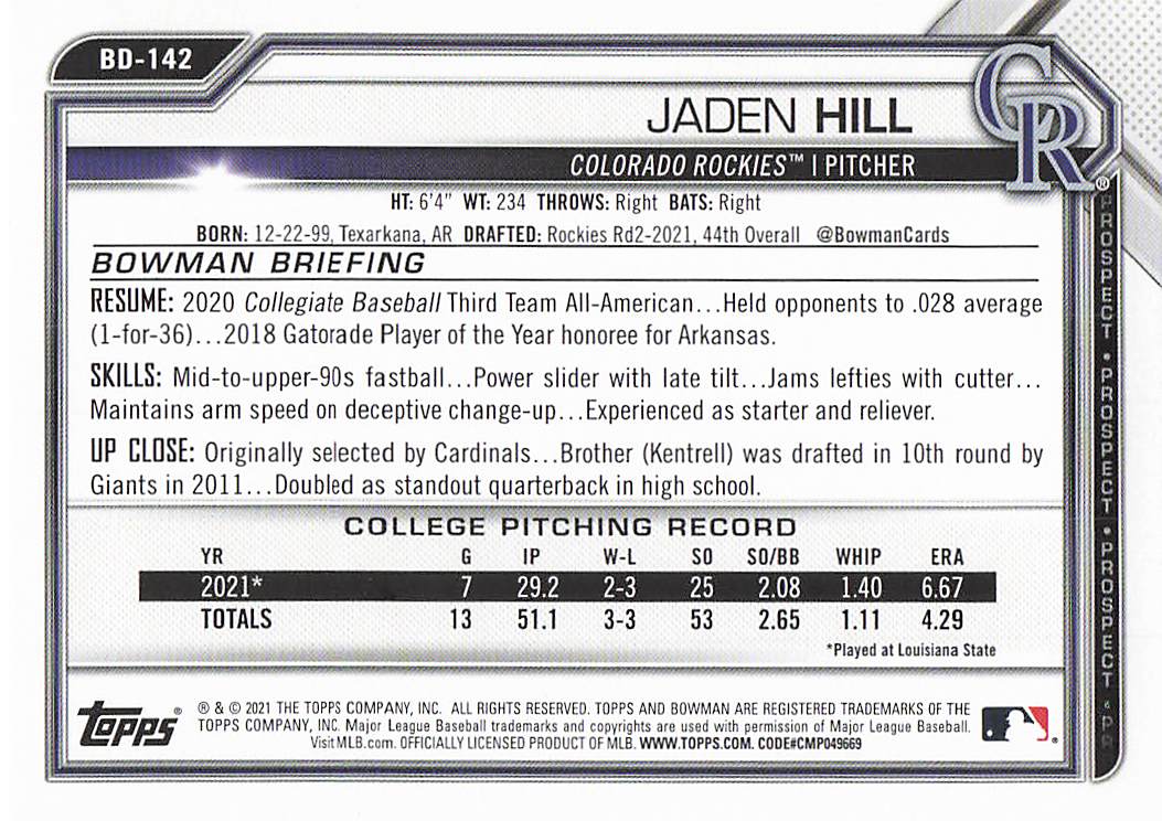 2021 Bowman Draft Baseball Jaden Hill #BD-142