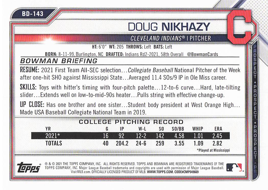 2021 Bowman Draft Baseball Doug Nikhazy #BD-143