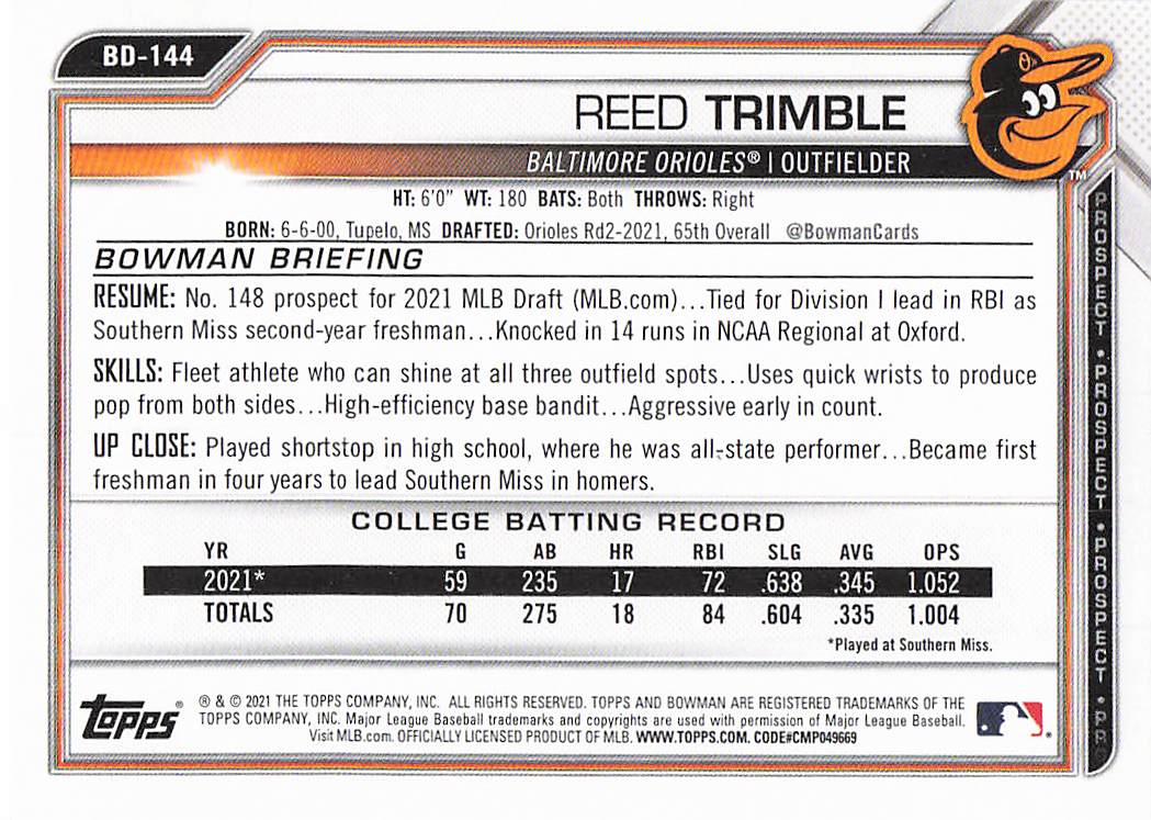 2021 Bowman Draft Baseball Reed Trimble #BD-144