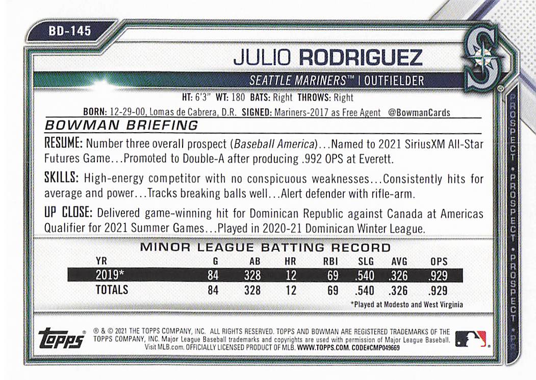 2021 Bowman Draft Baseball Julio Rodriguez #BD-145