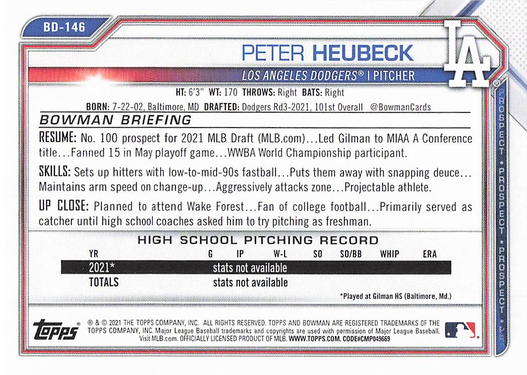 2021 Bowman Draft Baseball Peter Heubeck #BD-146