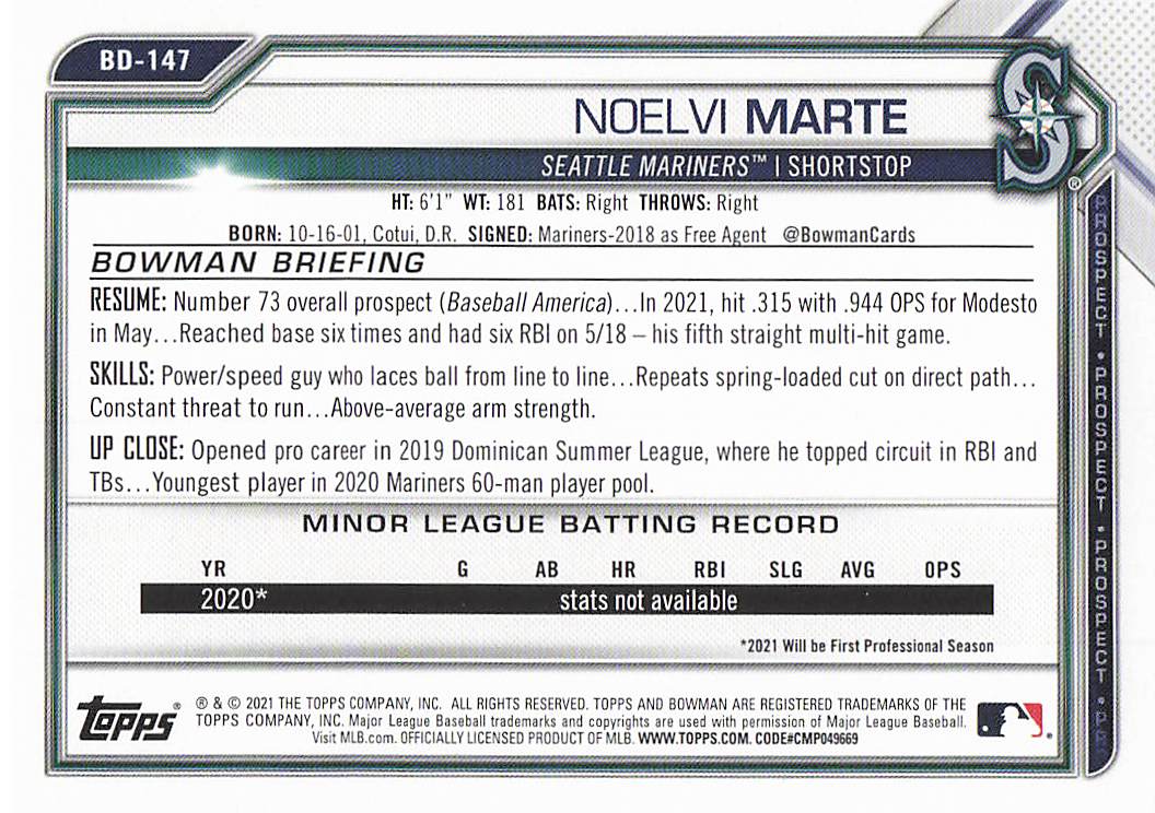 2021 Bowman Draft Baseball Noelvi Marte #BD-147