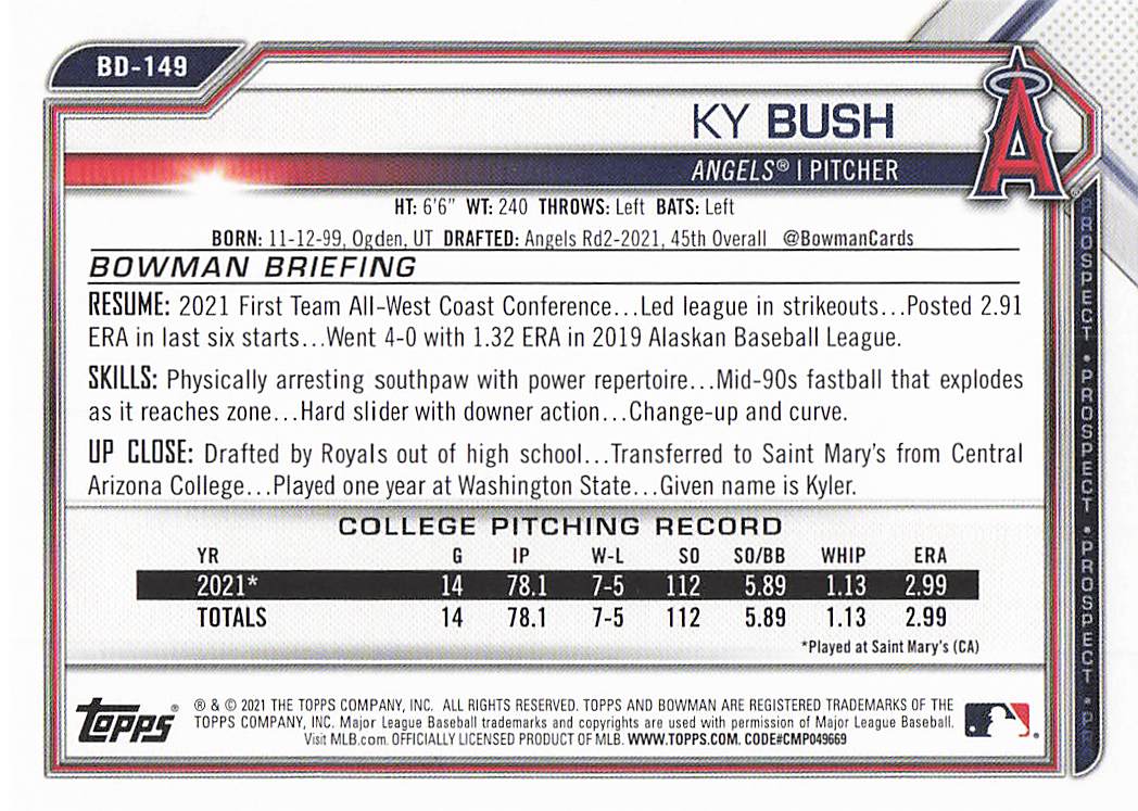 2021 Bowman Draft Baseball Ky Bush #BD-149