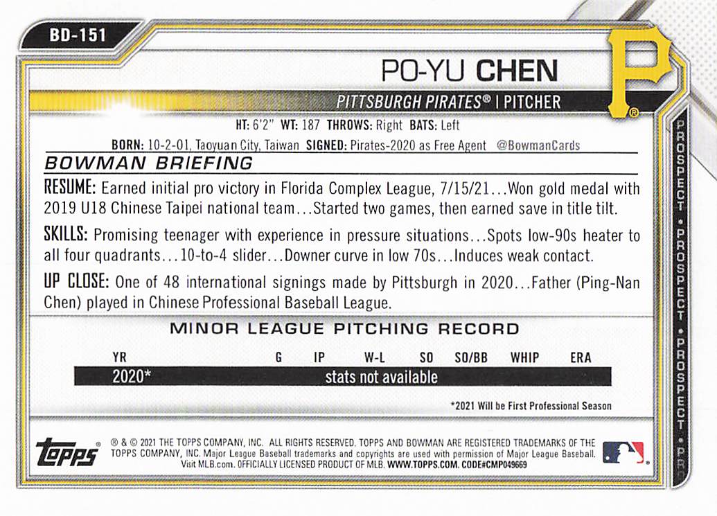 2021 Bowman Draft Baseball Po-Yu Chen #BD-151