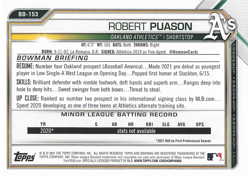 2021 Bowman Draft Baseball Robert Puason #BD-153