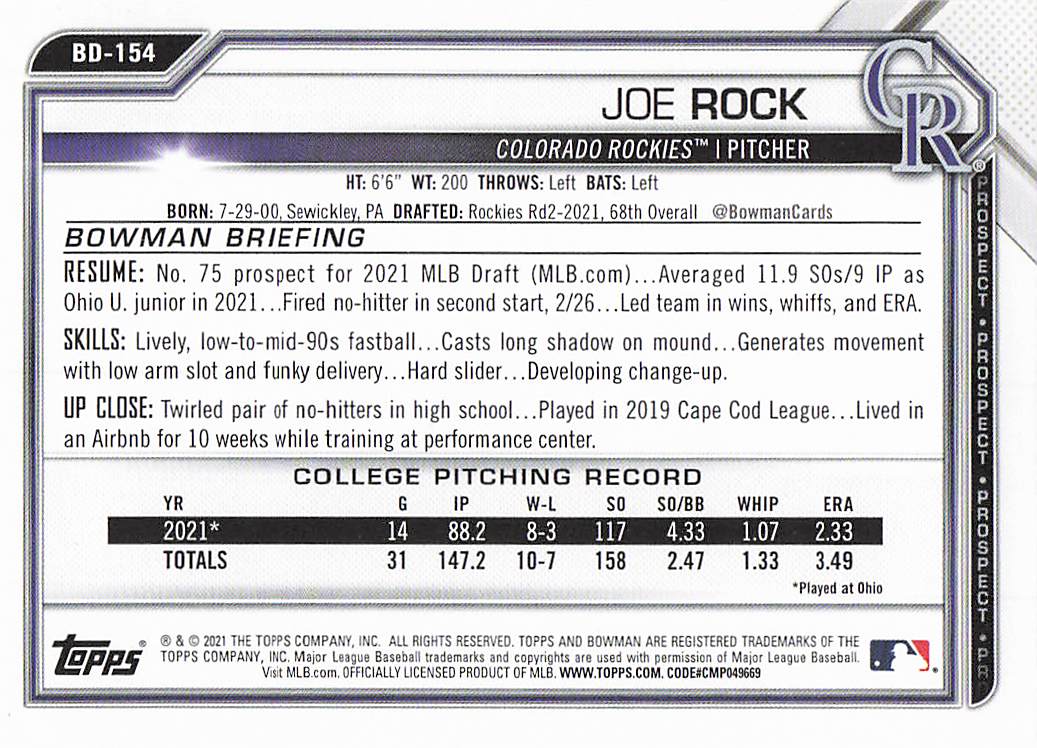 2021 Bowman Draft Baseball Joe Rock #BD-154