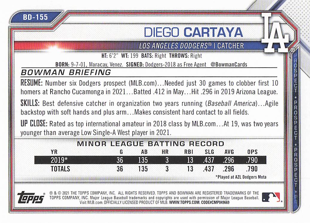2021 Bowman Draft Baseball Diego Cartaya #BD-155