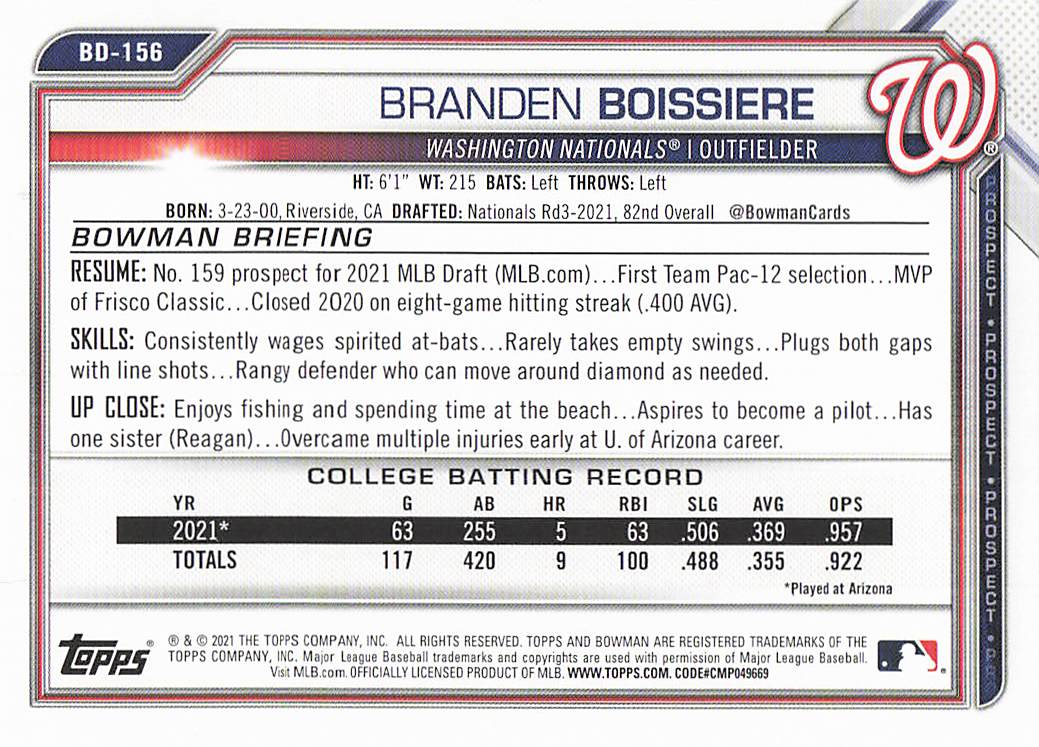 2021 Bowman Draft Baseball Branden Boissiere #BD-156