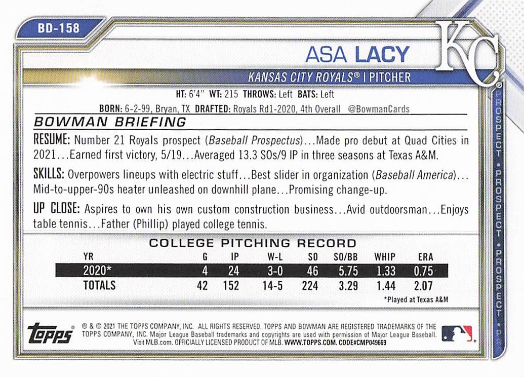2021 Bowman Draft Baseball Asa Lacy #BD-158