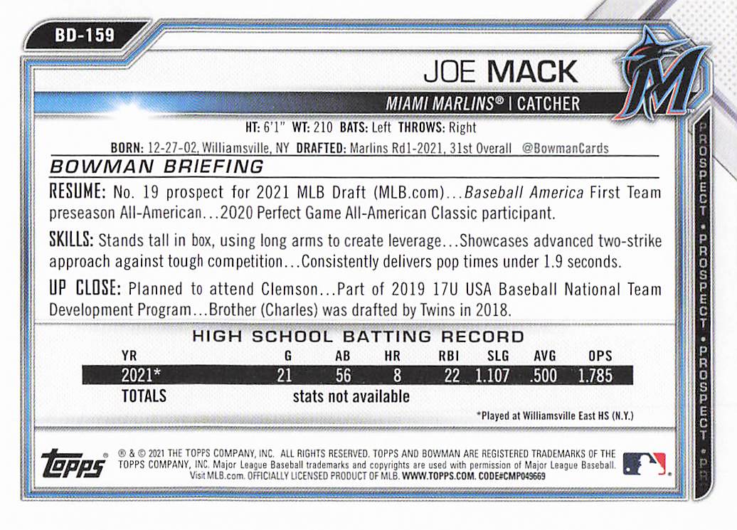 2021 Bowman Draft Baseball Joe Mack #BD-159