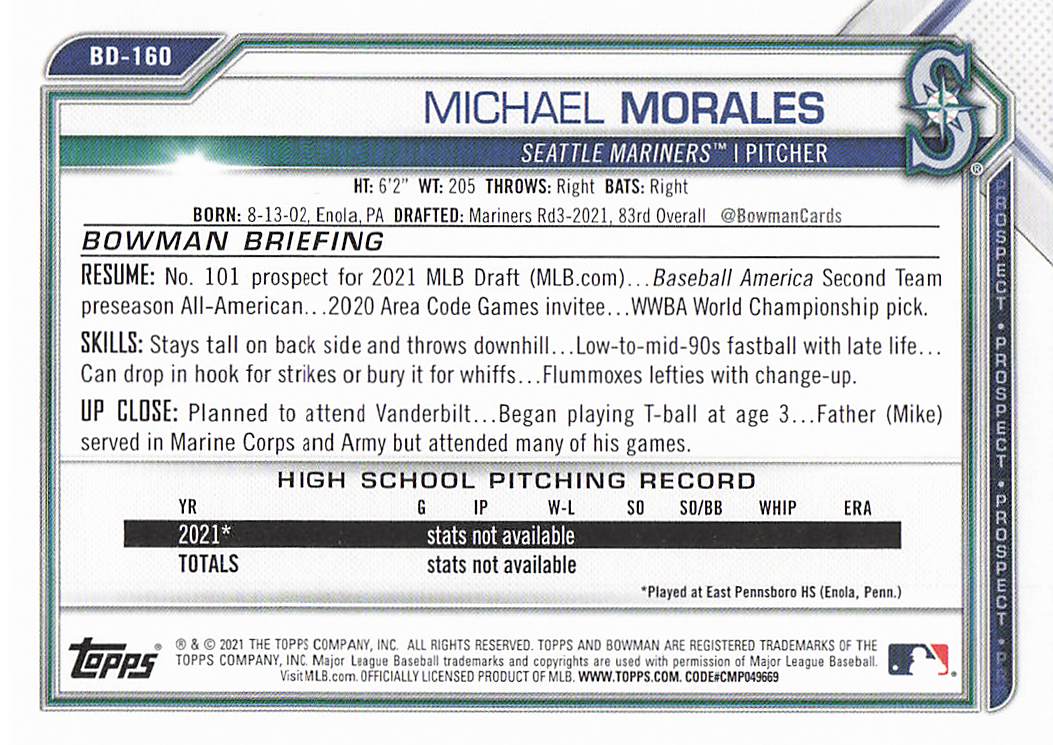 2021 Bowman Draft Baseball Michael Morales #BD-160