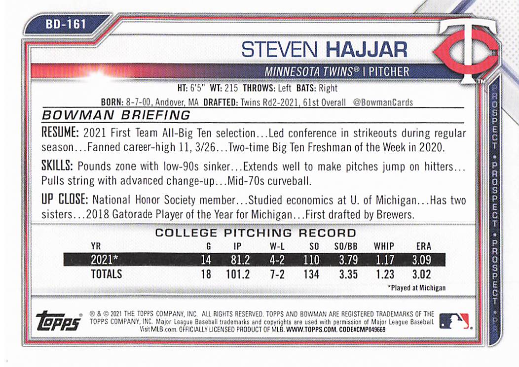 2021 Bowman Draft Baseball Steven Hajjar #BDC-161