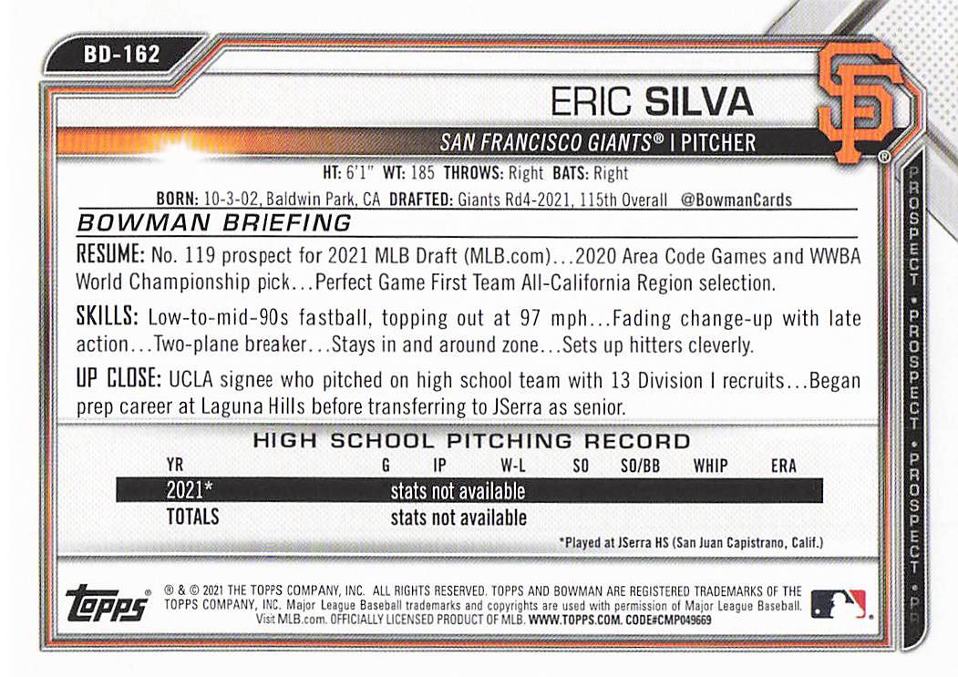2021 Bowman Draft Baseball Eric Silva #BD-162