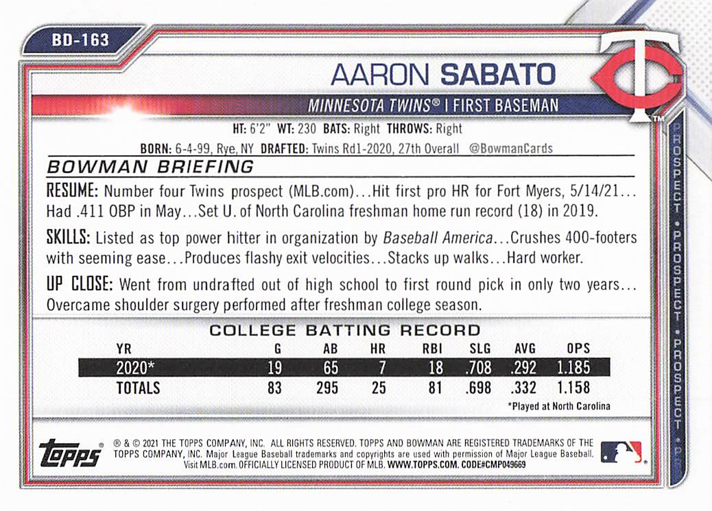 2021 Bowman Draft Baseball Aaron Sabato #BD-163