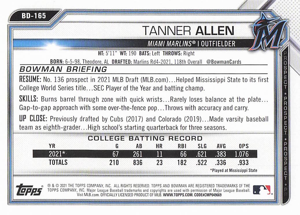 2021 Bowman Draft Baseball Tanner Allen #BD-165