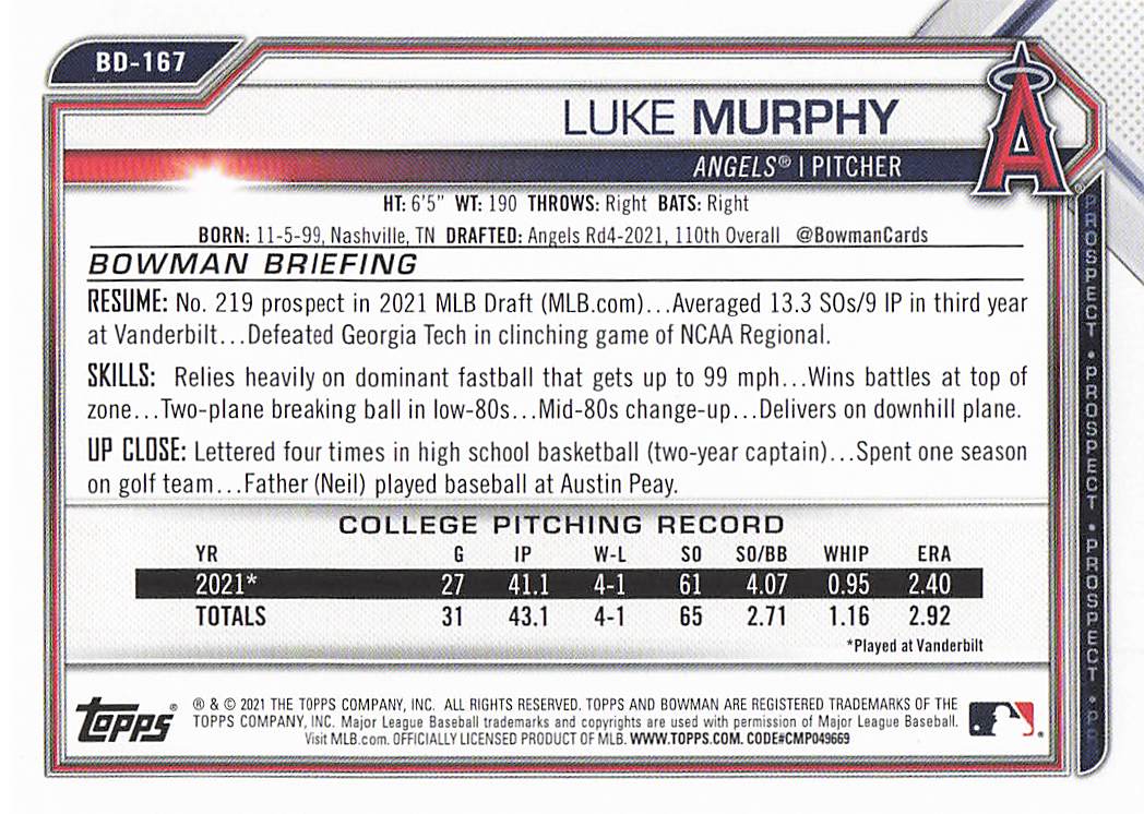 2021 Bowman Draft Baseball Luke Murphy #BD-167