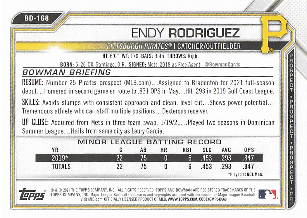 2021 Bowman Draft Baseball Endy Rodriguez #BD-168