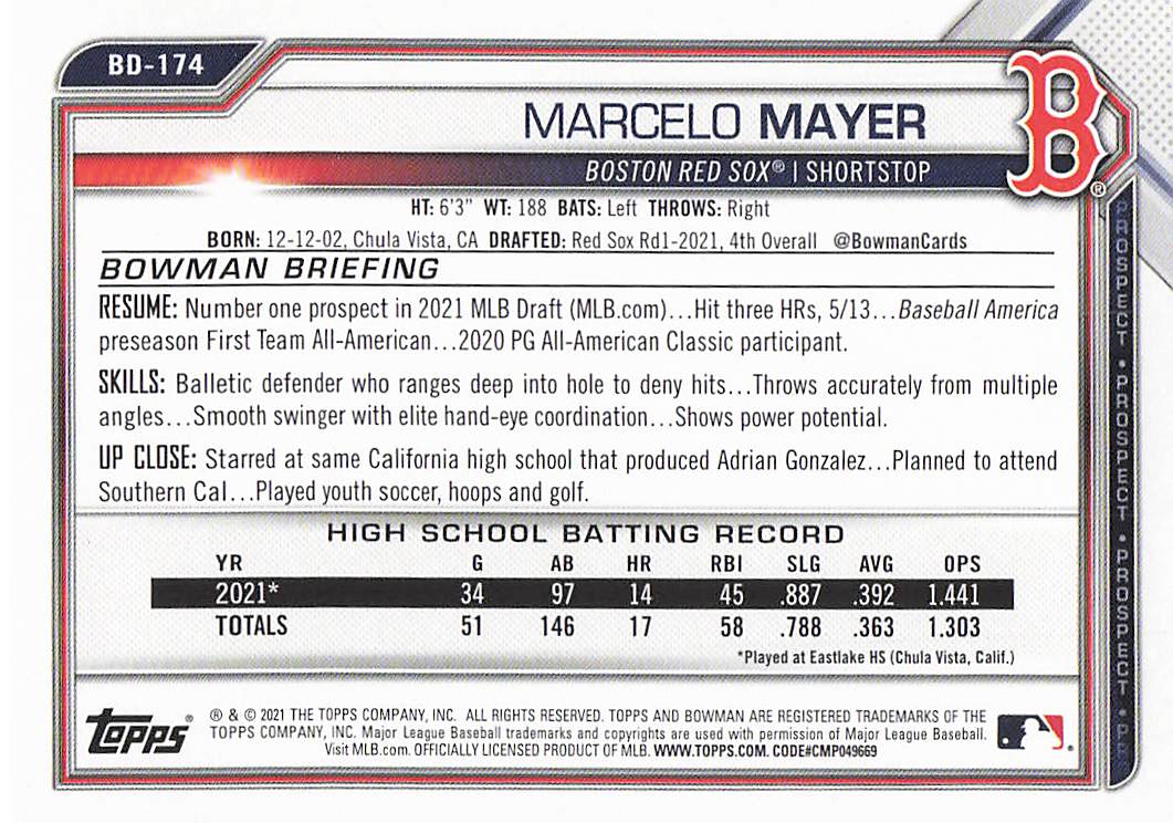2021 Bowman Draft Baseball Marcelo Mayer #BD-174