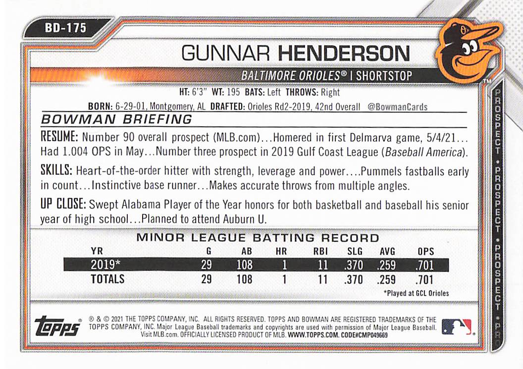 2021 Bowman Draft Baseball Gunnar Henderson #BDC-175