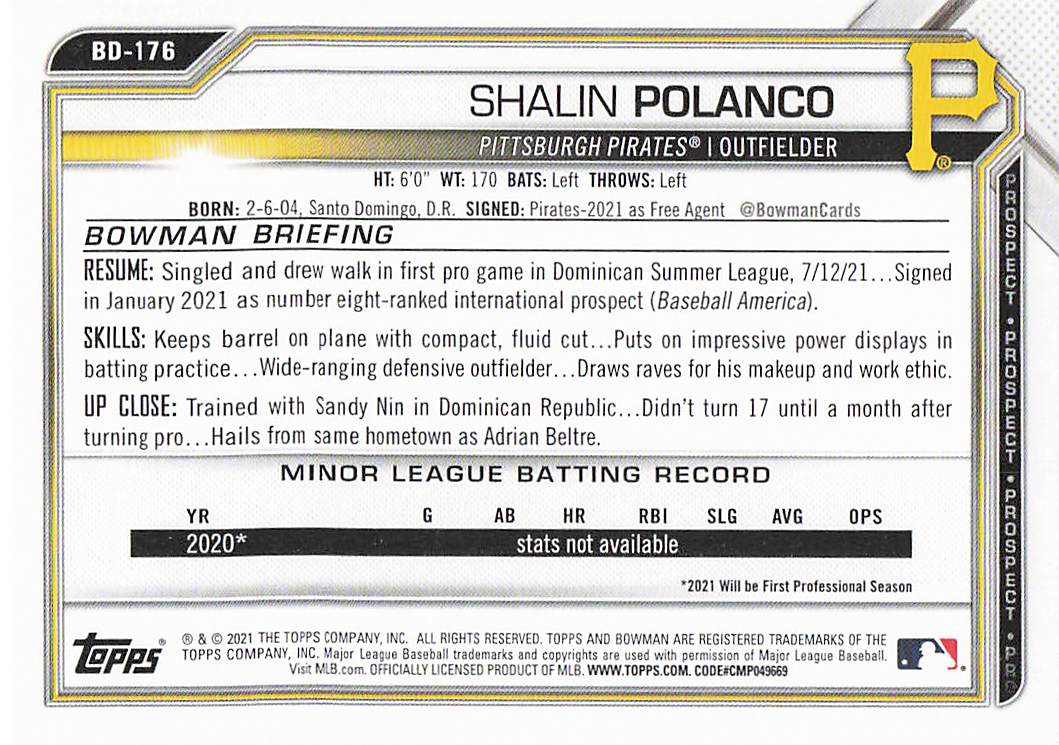 2021 Bowman Draft Baseball Shalin Polanco #BD-176