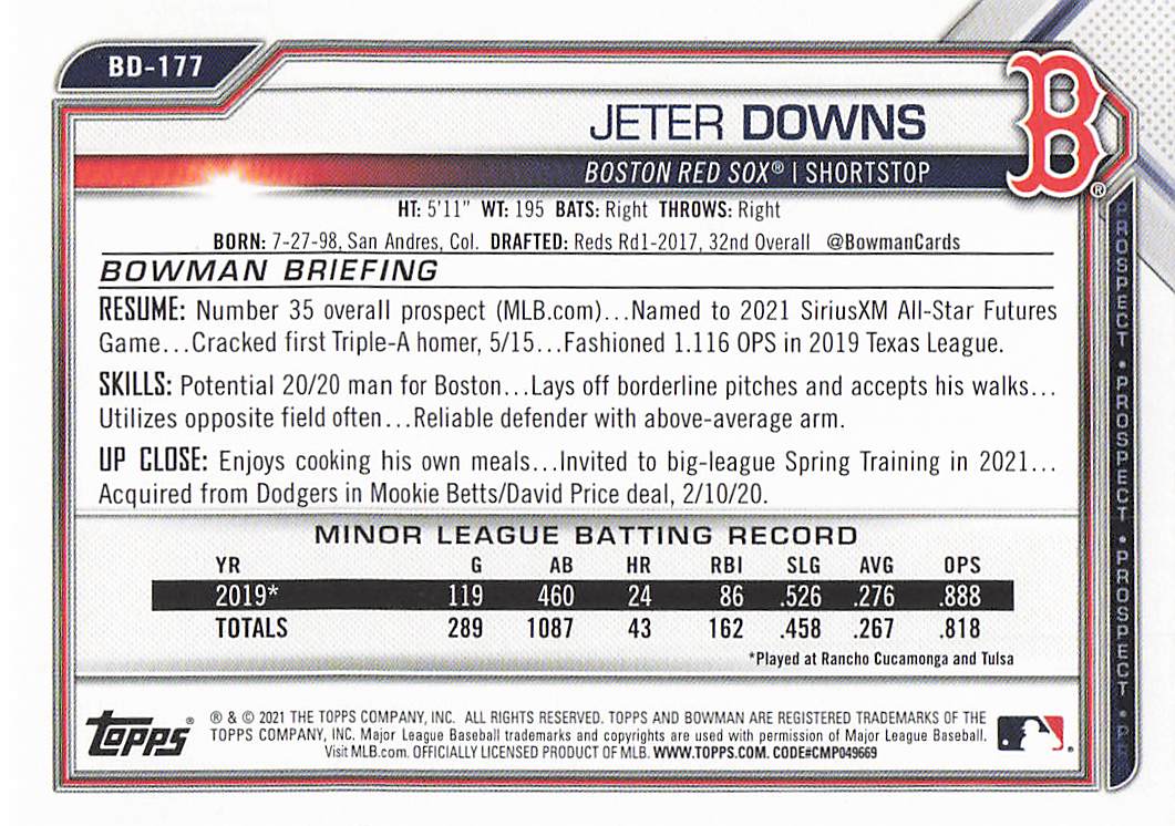 2021 Bowman Draft Baseball Jeter Downs #BD-177