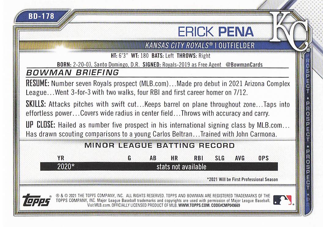 2021 Bowman Draft Baseball Erick Pena #BD-178