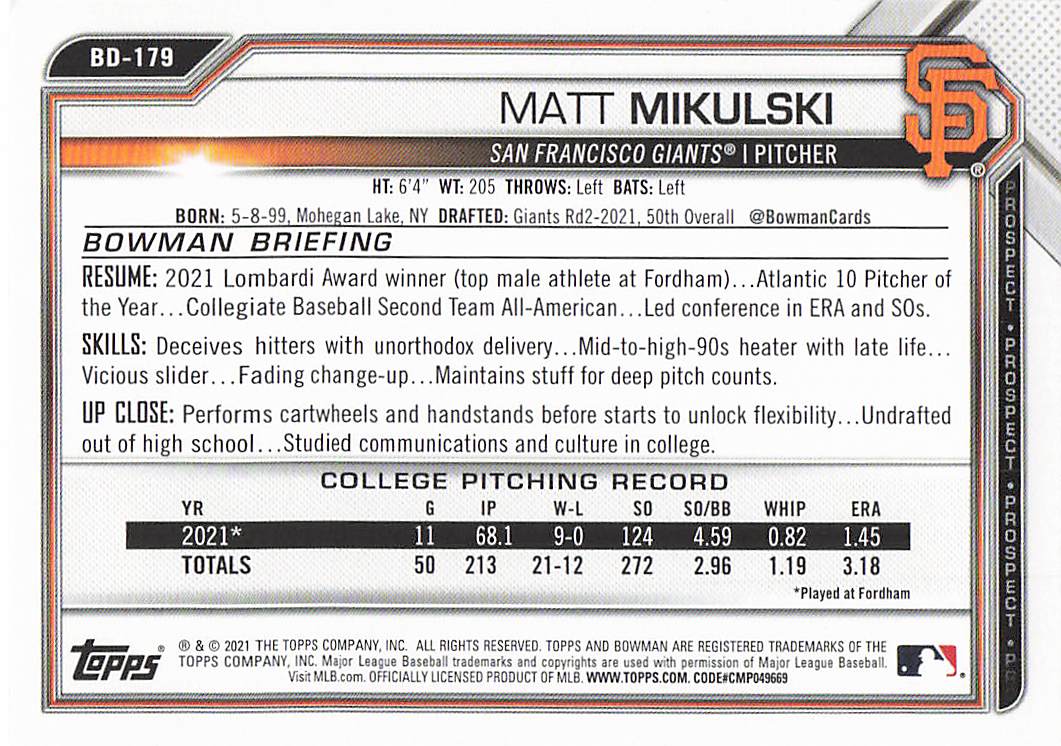 2021 Bowman Draft Baseball Matt Mikulski #BD-179