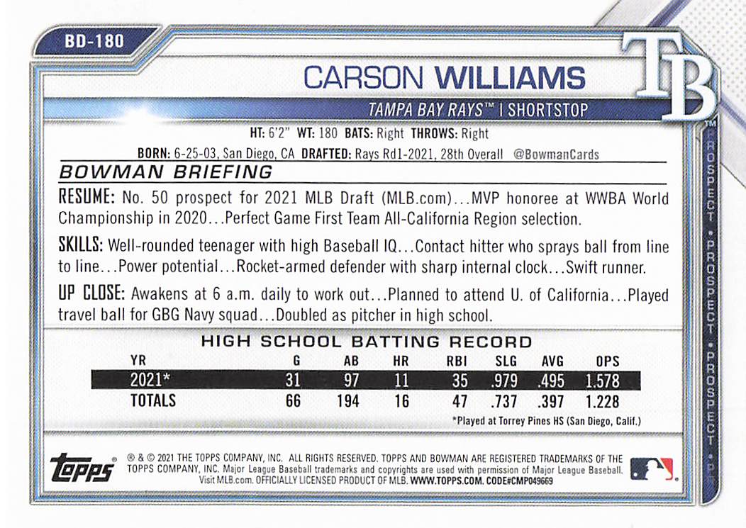 2021 Bowman Draft Baseball Carson Williams #BD-180