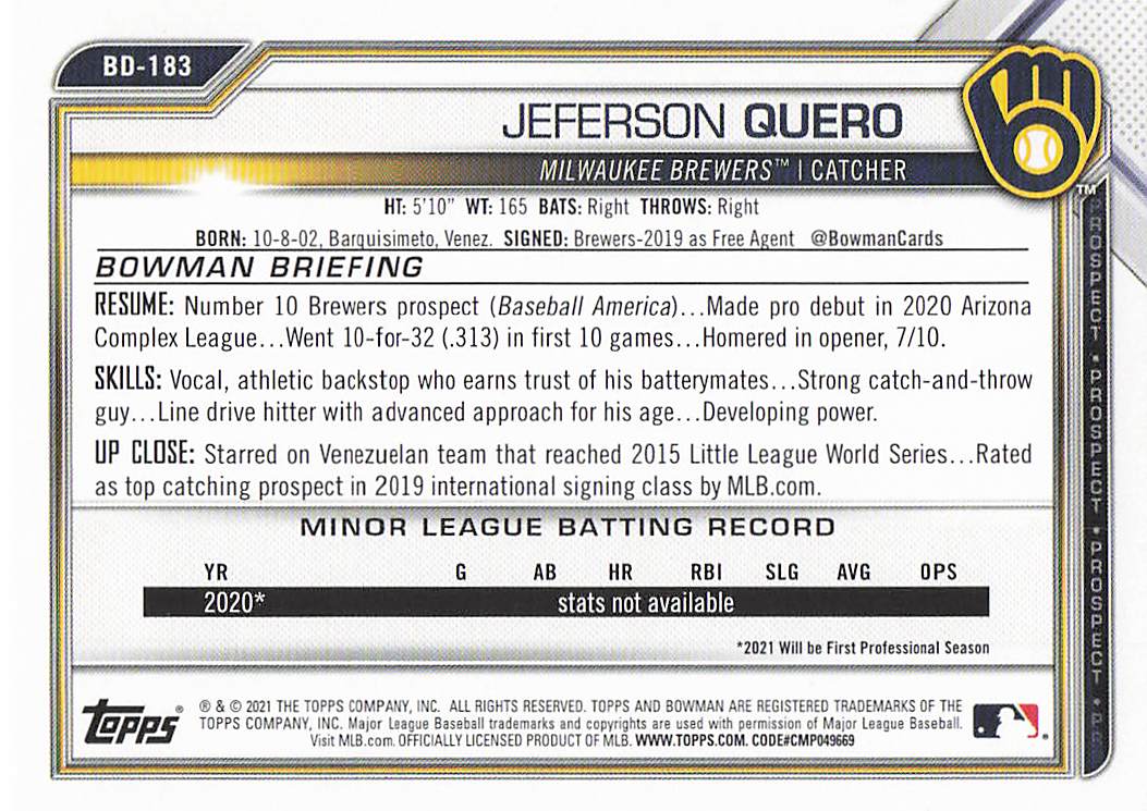 2021 Bowman Draft Baseball Jeferson Quero #BD-183