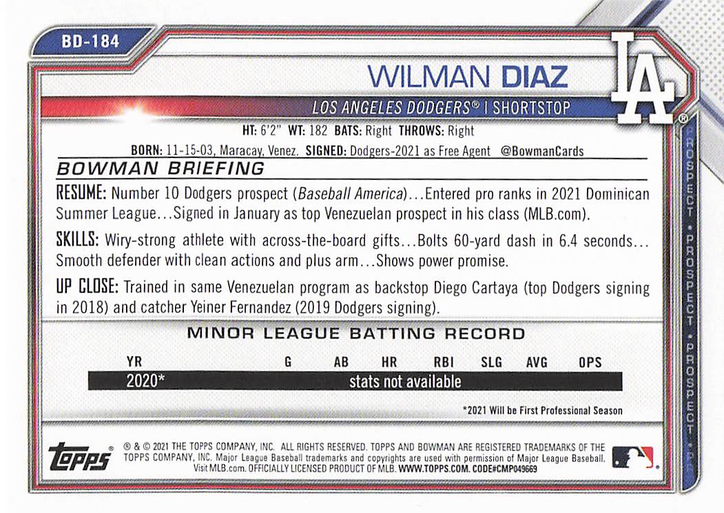 2021 Bowman Draft Baseball Wilman Diaz #BD-184