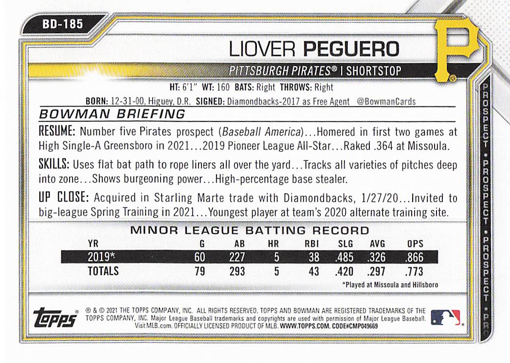 2021 Bowman Draft Baseball Liover Peguero #BD-185