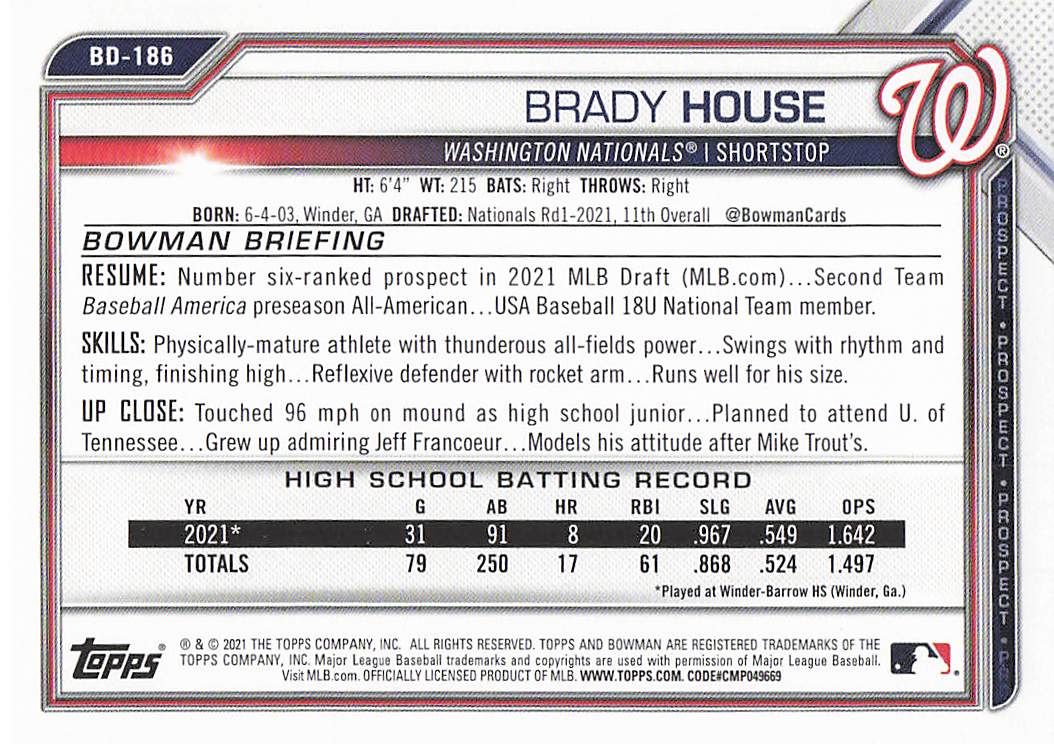 2021 Bowman Draft Baseball Brady House #BDC-186