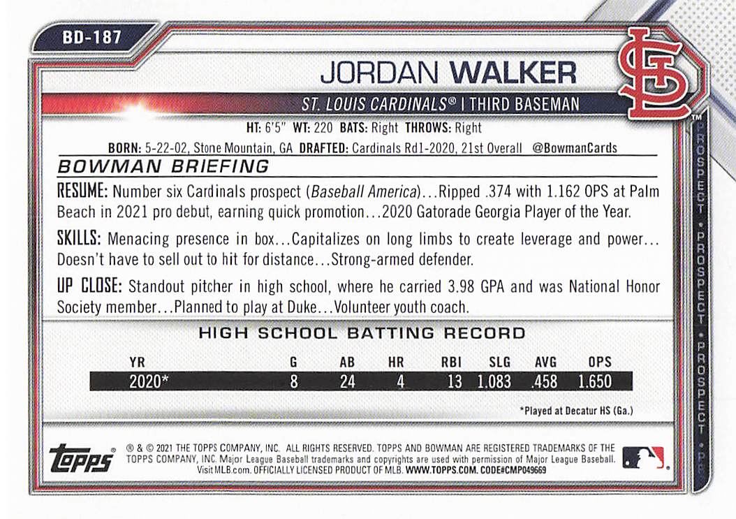2021 Bowman Draft Baseball Jordan Walker #BD-187