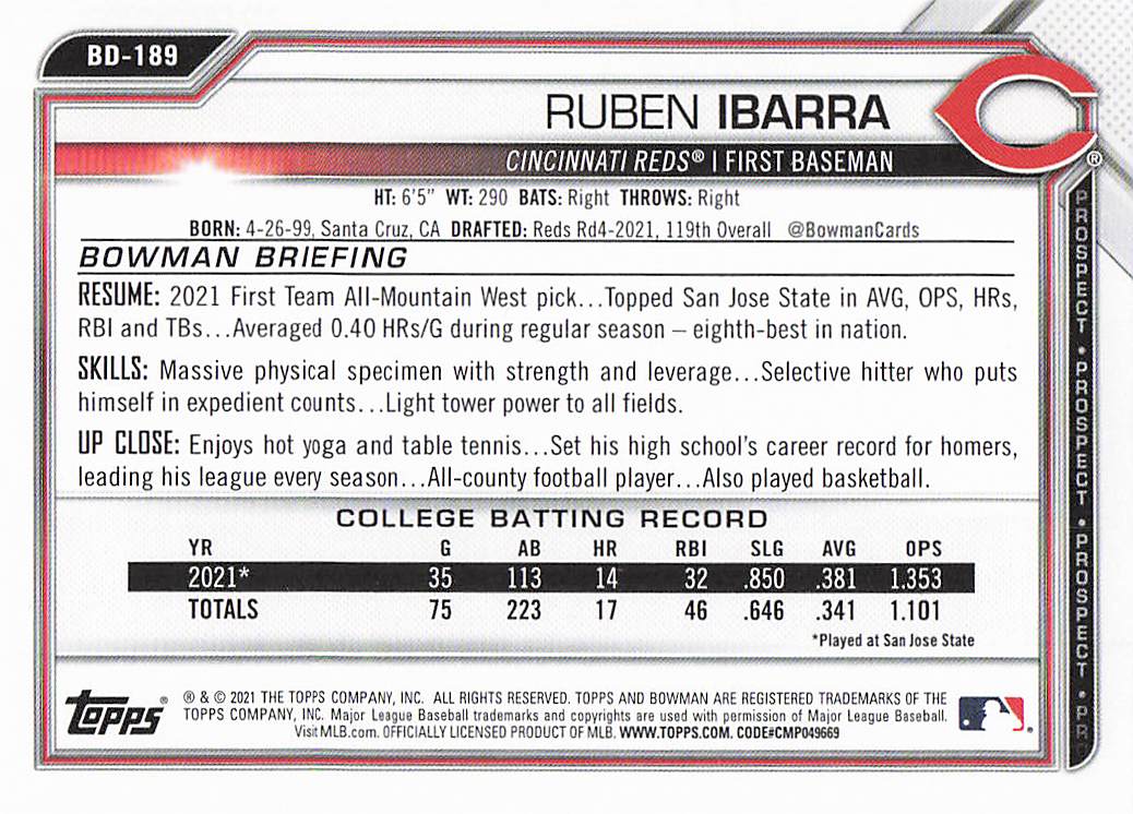 2021 Bowman Draft Baseball Ruben Ibarra #BD-189
