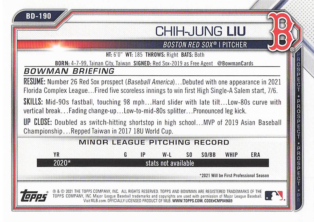 2021 Bowman Draft Baseball Chih-Jung Liu #BD-190