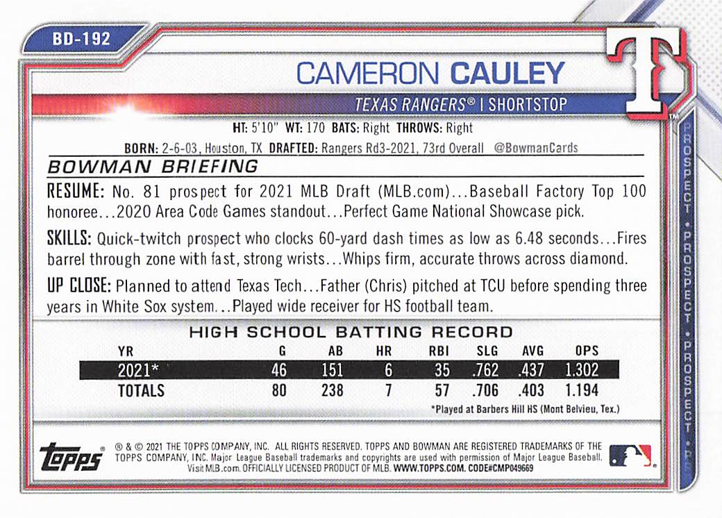 2021 Bowman Draft Baseball Cameron Cauley #BDC-192