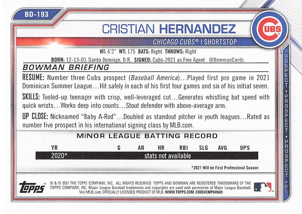 2021 Bowman Draft Baseball Cristian Hernandez #BD-193