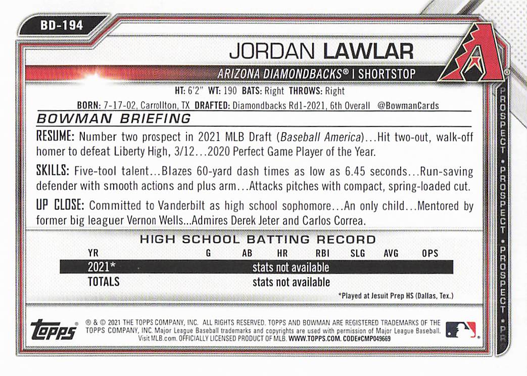 2021 Bowman Draft Baseball Jordan Lawlar #BDC-194