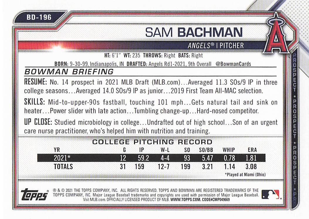 2021 Bowman Draft Baseball Sam Bachman #BD-196