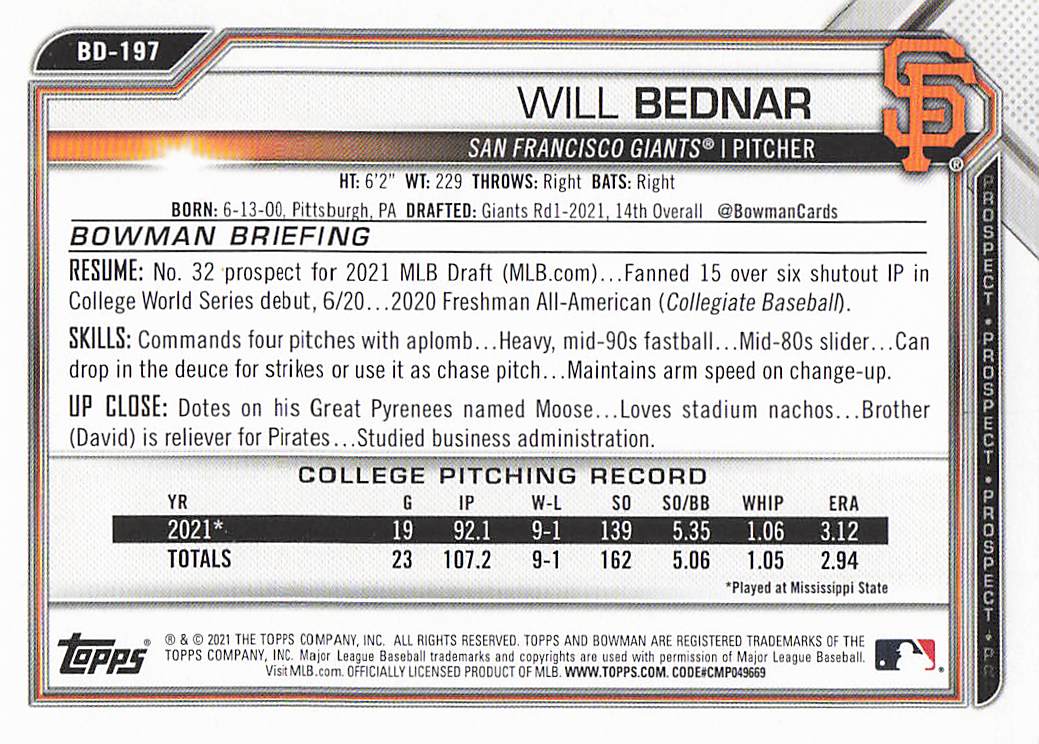 2021 Bowman Draft Baseball Will Bednar #BDC-197