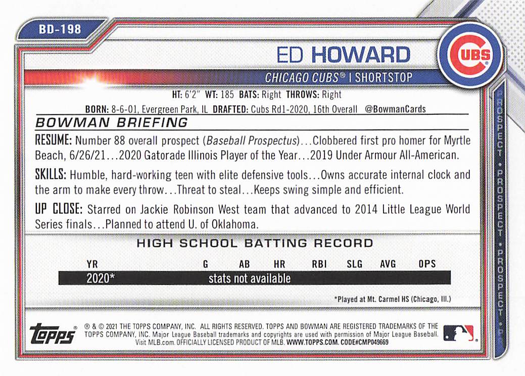 2021 Bowman Draft Baseball Ed Howard #BDC-198