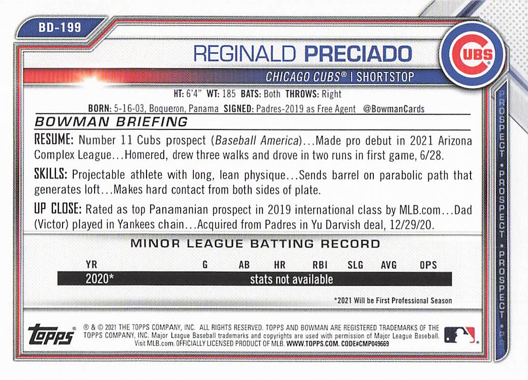 2021 Bowman Draft Baseball Reginald Preciado #BD-199