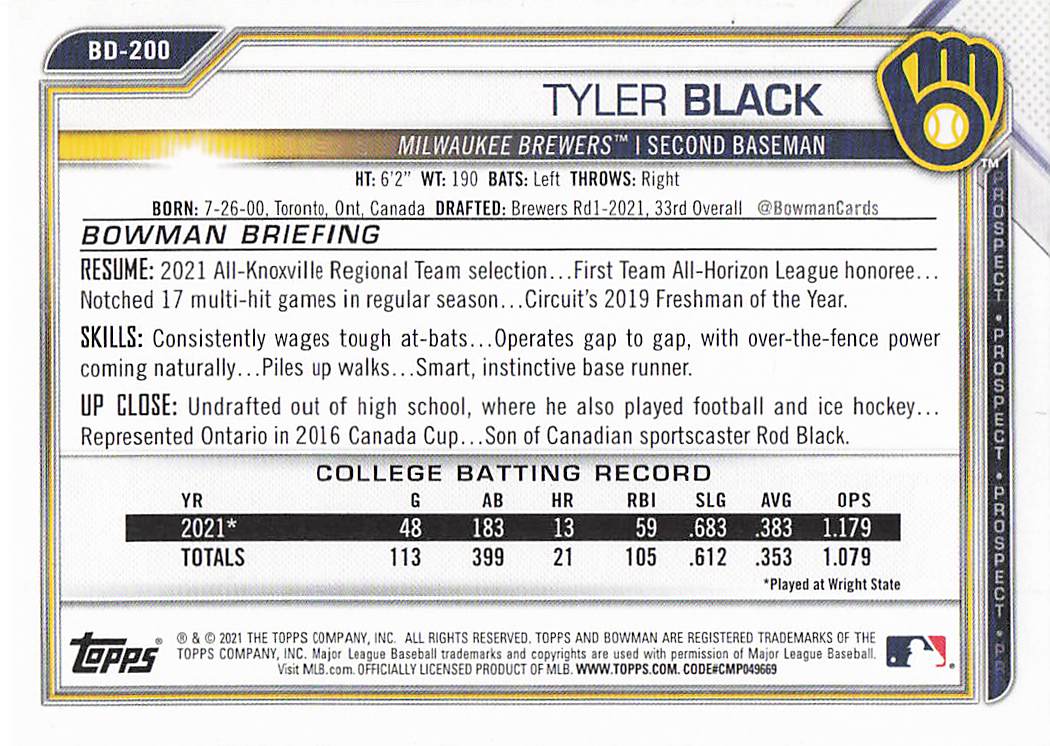 2021 Bowman Draft Baseball Tyler Black #BD-200